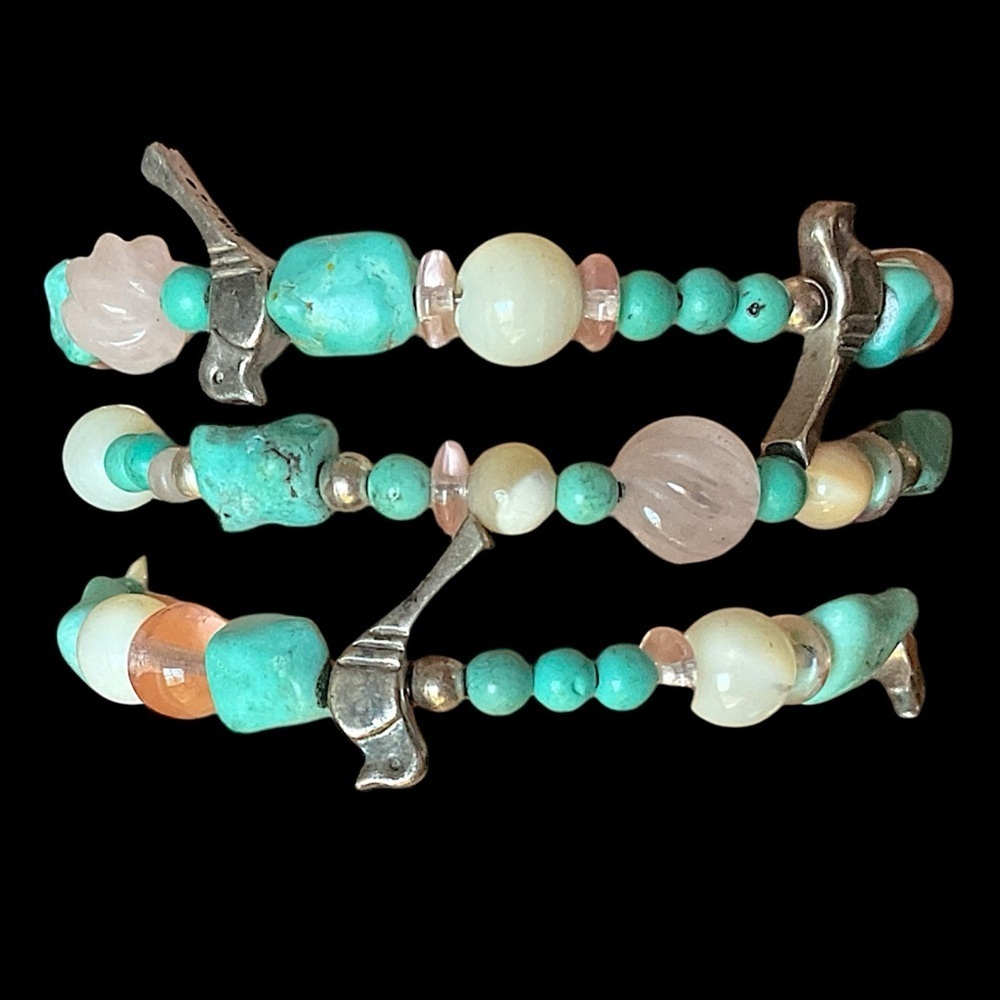 Vintage Turquoise Sterling Silver Rose Quartz and Glass Bead Stretch Bracelet